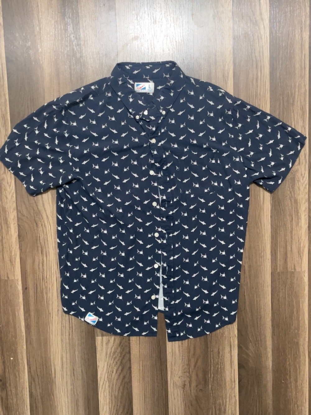 Bermies Sharks Mens Blue Large Polo Button Up Shirt